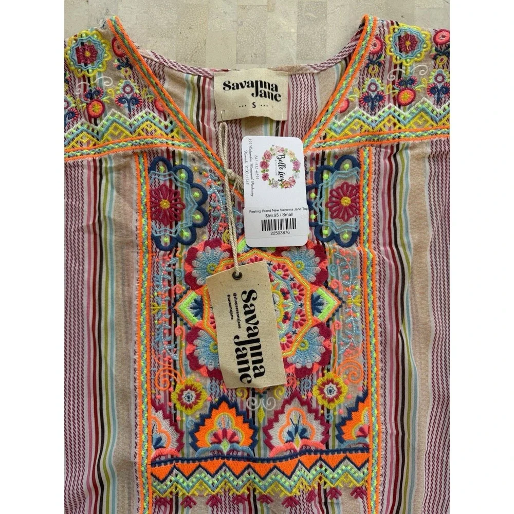 Savanna Jane NWT Stripe Floral Embroidered Flowy Top S Colorful Boho Poncho - Picture 4 of 7